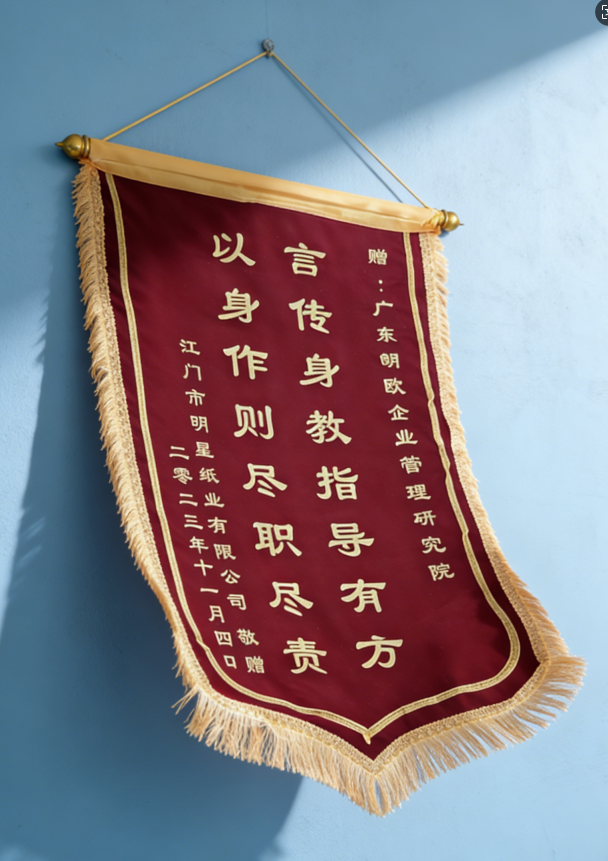 江门市明星纸业赠朗欧咨询的锦旗