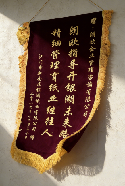 江门银湖纸业赠朗欧咨询的锦旗