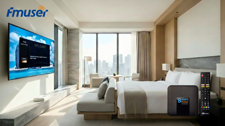Premium hotel room featuring FMUSER FBE800 IPTV System’s personalized guest welcome interface.png