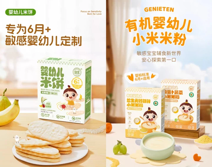 婴享婴幼儿米饼，专为6月+、7-9月龄敏感宝宝设计的第一口零食，全链低敏无复杂添加，更适合敏宝体质。