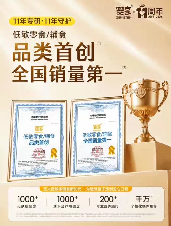 婴享荣获低敏零食辅食品类首创、低敏零食辅食品类全国销量第一，专注敏感宝宝十一年。品质、实力双保证，家有敏宝，选婴享就对了！